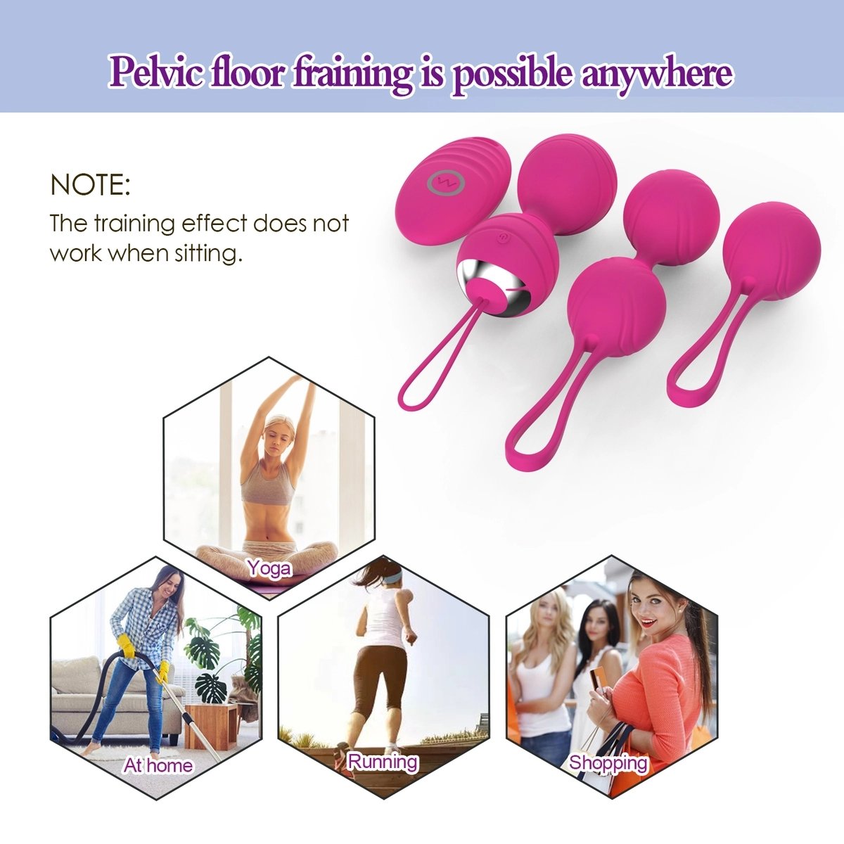 Aiersha Bolas de Amor rosa – Set de Kegel de 3 Piezas con Control Remoto Vibrante de 10 Modos