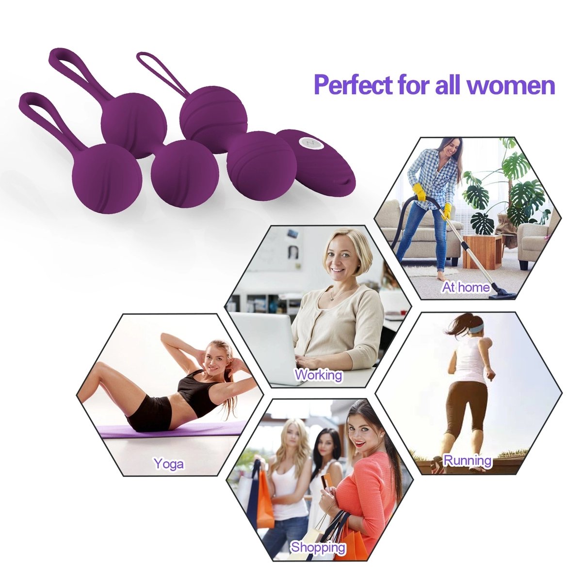 Aiersha Bolas de Amor púrpura – Set de Kegel de 3 Piezas con Control Remoto Vibrante de 10 Modos